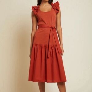 Nation LTD Everleigh Dress Rust Cayenne Ruffle Sleeve  Fit & Flare Cotton Sz XS